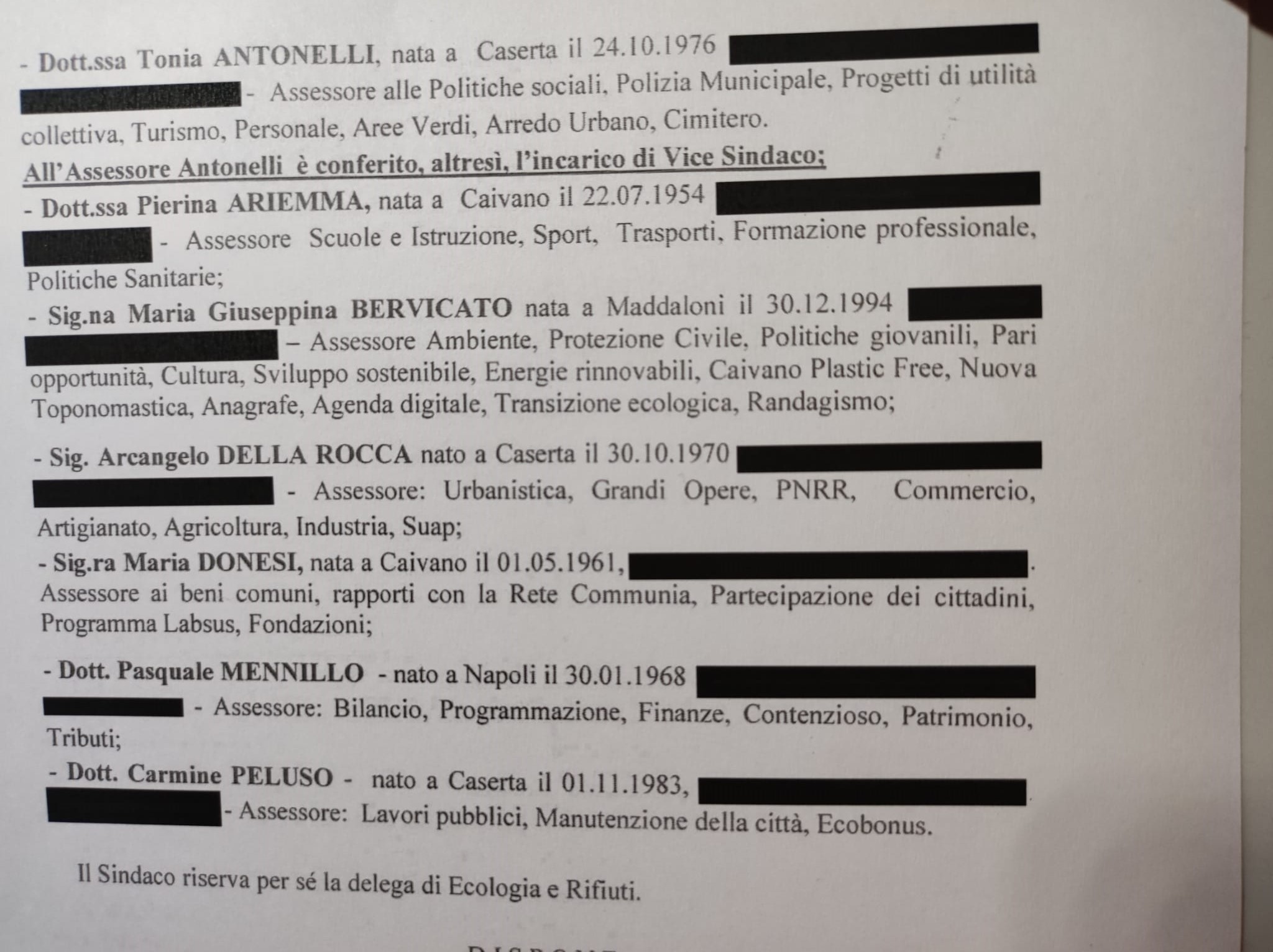 La giunta con le deleghe attuali